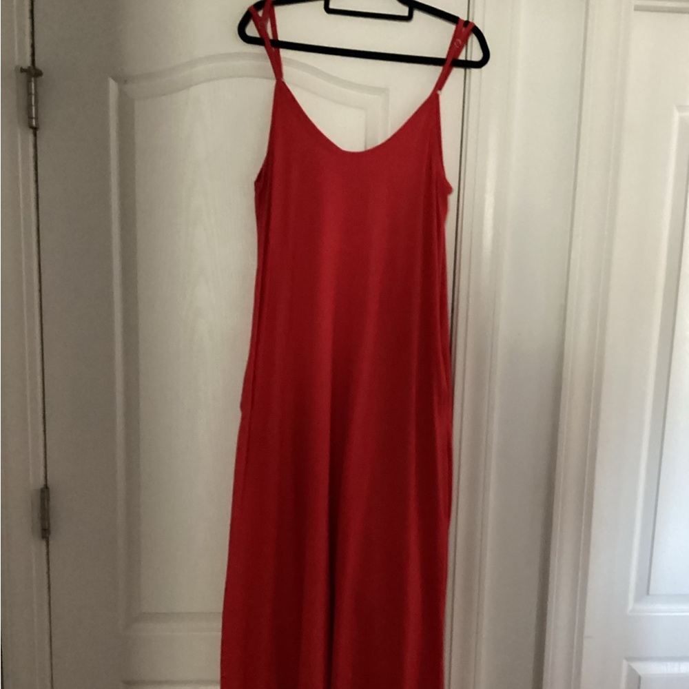 Red Spaghetti Strap Maxi Dress Side Pockets